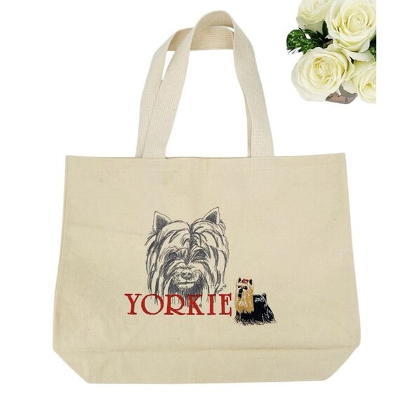 Handmade Embroidered Yorkie Yorkshire Terrier Dog Breed Tote Bag Natural Canvas - Picture 4 of 8